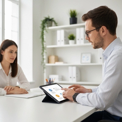 Professional showing client how to update Google Business Profile on a tablet