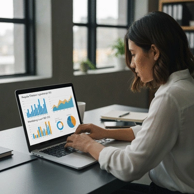Person reviewing data on a laptop, representing regular citation updates and monitoring for local SEO