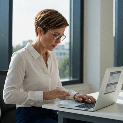 Australian business owner looking concerned at negative online reviews on a laptop, professional setting, clean image