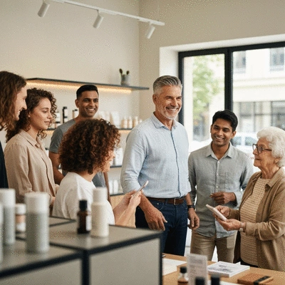 A business owner interacting with customers in a modern shop setting, representing local SEO success