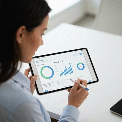 Australian small business owner reviewing local SEO analytics on a tablet