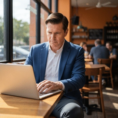 Australian business owner reviewing Google Business Profile analytics on a laptop
