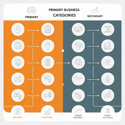 Infographic showing the distinction between primary and secondary business categories with icons for different services, clean design, no text, no words, no typography, clean image