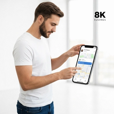 Person looking at a mobile phone screen displaying local business search results and a map, clean modern design, no text, no words, no typography, clean image