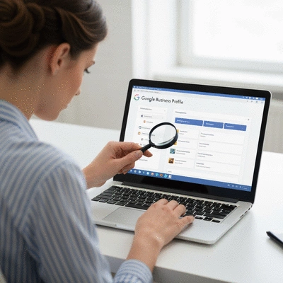 Person using a laptop with Google Business Profile interface on screen, a magnifying glass hovering over categories, clean office environment, no text, no words, no typography, clean image