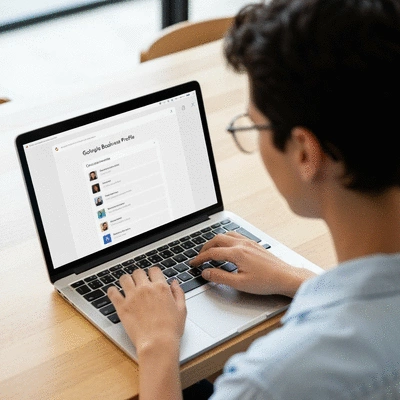 Australian business owner optimizing their Google Business Profile on a laptop