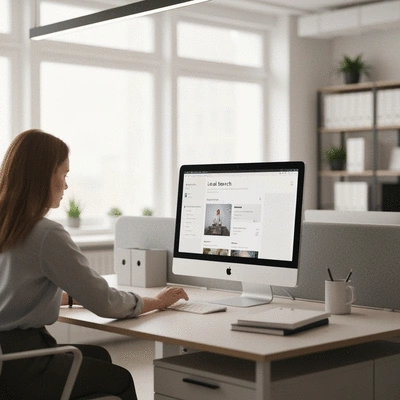 Modern office space with a computer showing local search results, no text, no words, no typography, no labels, clean image