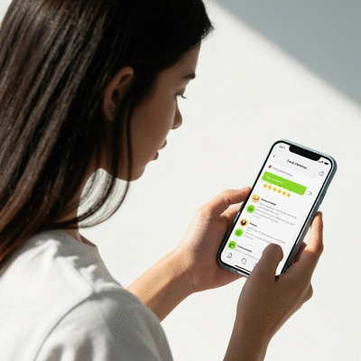 Person using a smartphone to read online reviews, with star ratings and comments visible on the screen, clean image