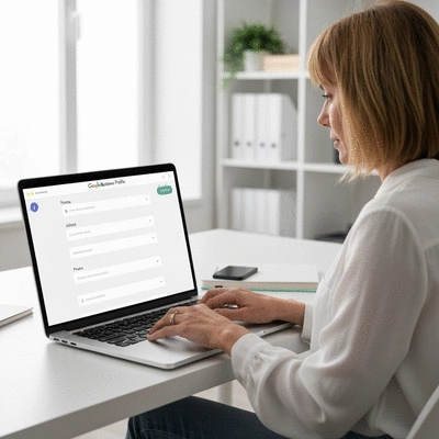 Person setting up Google Business Profile on a laptop, showing a clean interface with business details fields