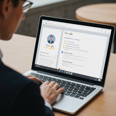 Person using a laptop with Google reviews displayed, Australian setting, clean image