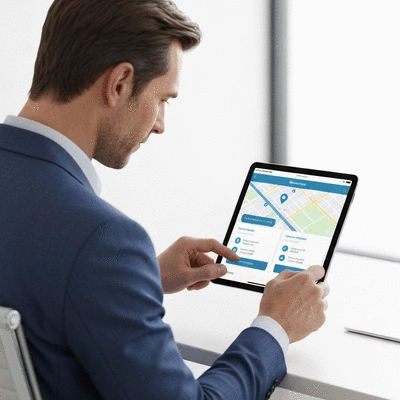 Person using a tablet to manage an online business profile, showing a map and business details, professional setting, no text, no words, no typography, clean image