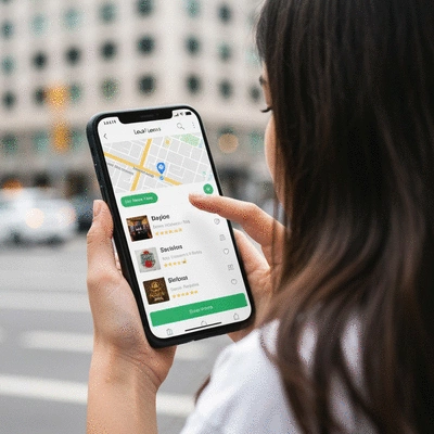 Person interacting with a business listing on a smartphone, showing local search results
