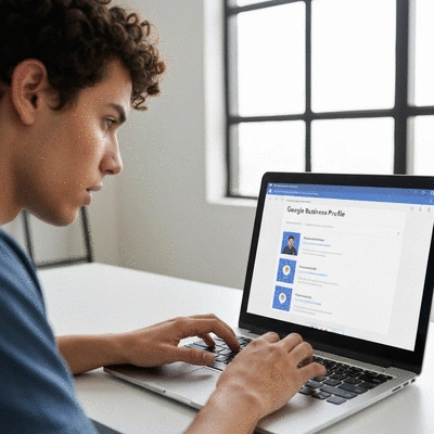 Person using a laptop to claim their Google Business Profile, with a clean and modern interface