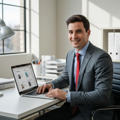 Business owner responding to online reviews on a laptop, showing both positive and negative feedback