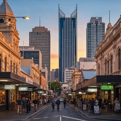 Australian cityscape at sunset, representing local business and community, no text, no words, no typography, no labels, clean image