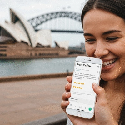 Person using a mobile phone to read online reviews, with Australian landmarks in the background