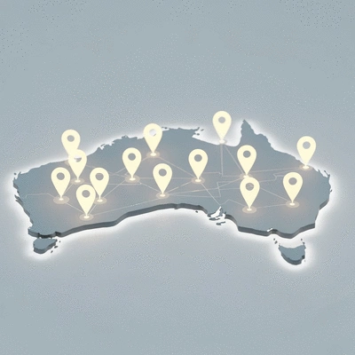 Stylized map of Australia with pins representing local citations and digital breadcrumbs