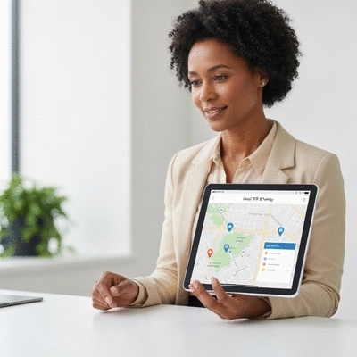 Professional showing local SEO strategy on a tablet with a map and business pins, clean background