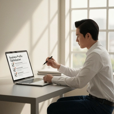 Person checking off items on a digital checklist for business profile optimization, clean office background